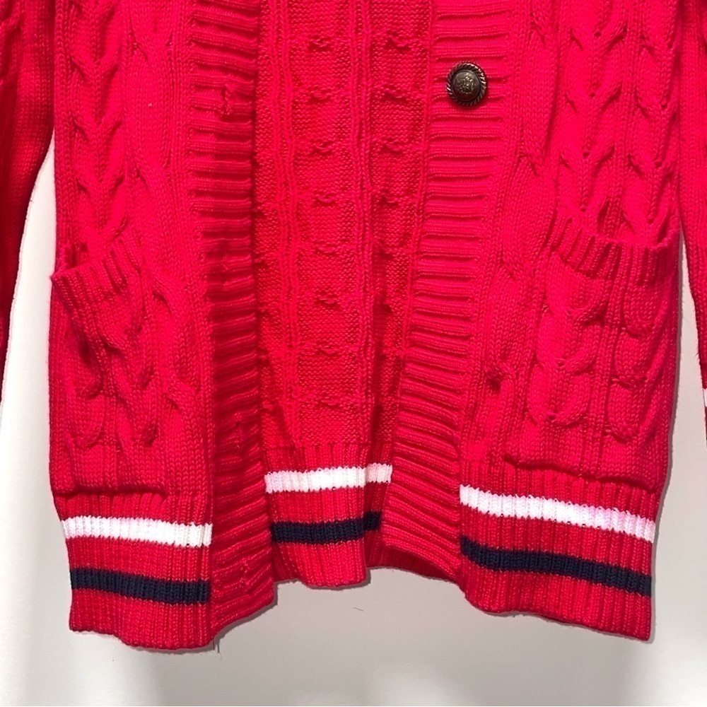 Vintage Twisted Cable Knit Sweater Long Cardigan Red Crest Rampant Lion Buttons - Picture 4 of 11